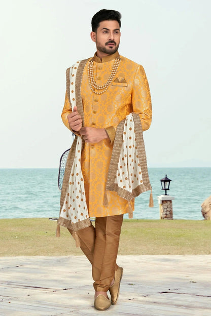 Yellow Colour Banarasi Jacquard Indo Western Sherwani SH1040511