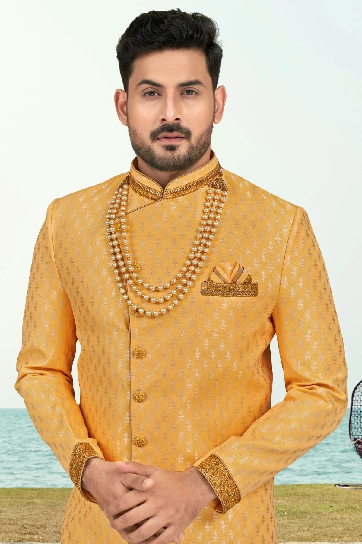 Yellow Colour Banarasi Jacquard Sherwani SH1040520 A