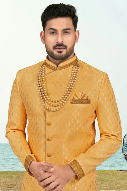 Yellow Colour Banarasi Jacquard Sherwani SH1040520 A