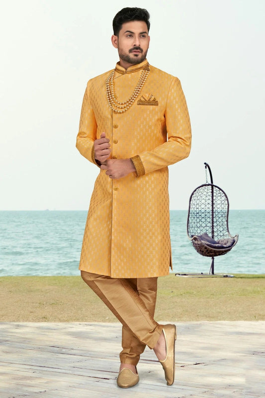 Yellow Colour Banarasi Jacquard Sherwani SH1040520