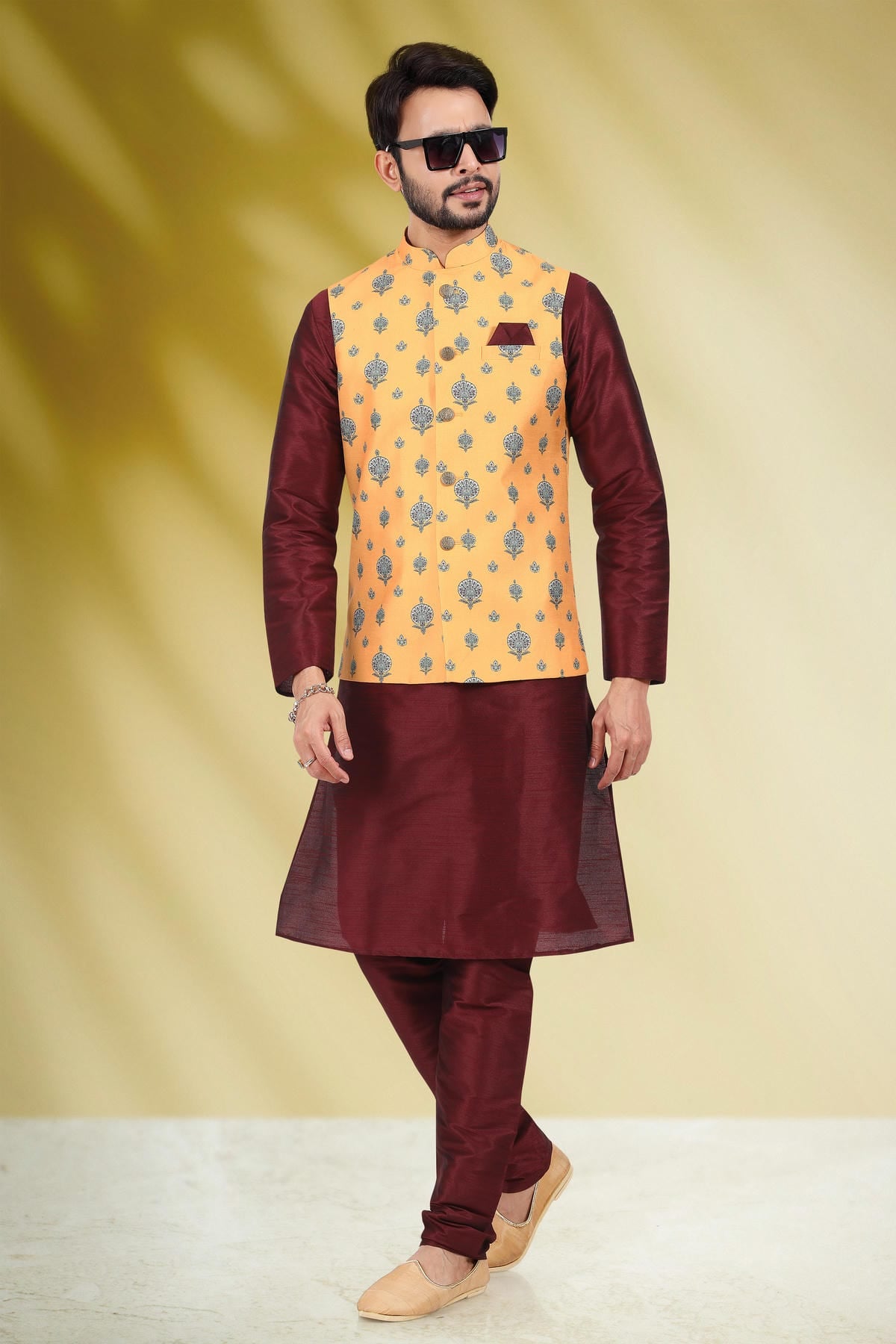 Yellow Colour Banarasi Silk Woven Work Kurta Pajama With Jacket