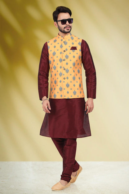 Yellow Colour Banarasi Silk Woven Work Kurta Pajama With Jacket