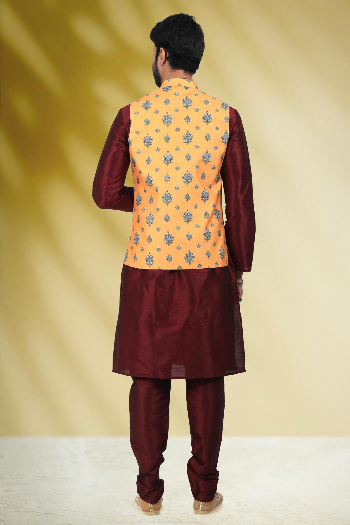 Yellow Colour Banarasi Silk Woven Work Kurta Pajama With Jacket