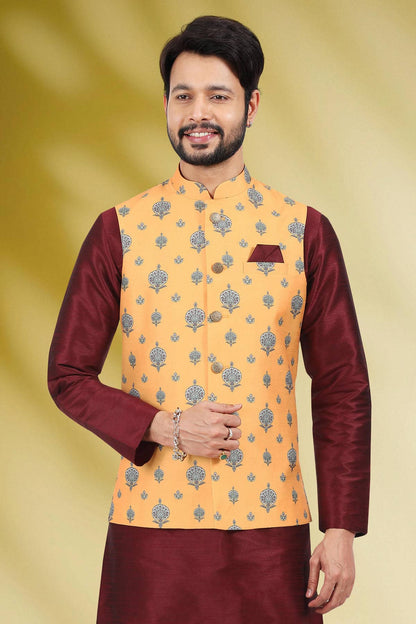 Yellow Colour Banarasi Silk Woven Work Kurta Pajama With Jacket