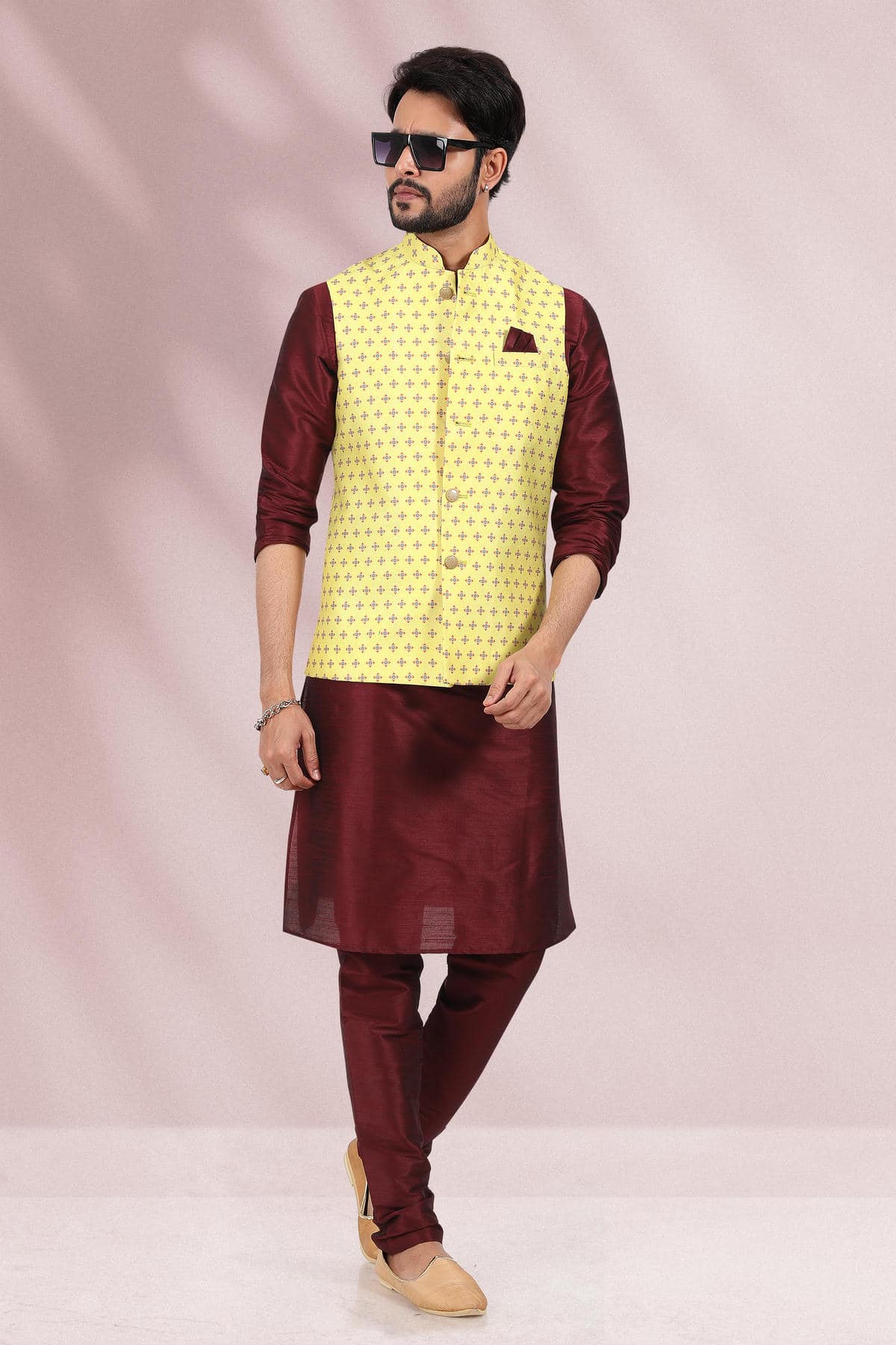Yellow Colour Banarasi Silk Woven Work Kurta Pajama With Jacket