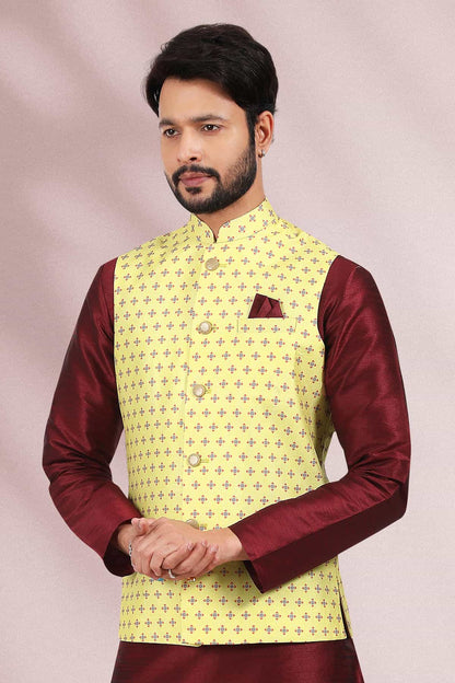 Yellow Colour Banarasi Silk Woven Work Kurta Pajama With Jacket