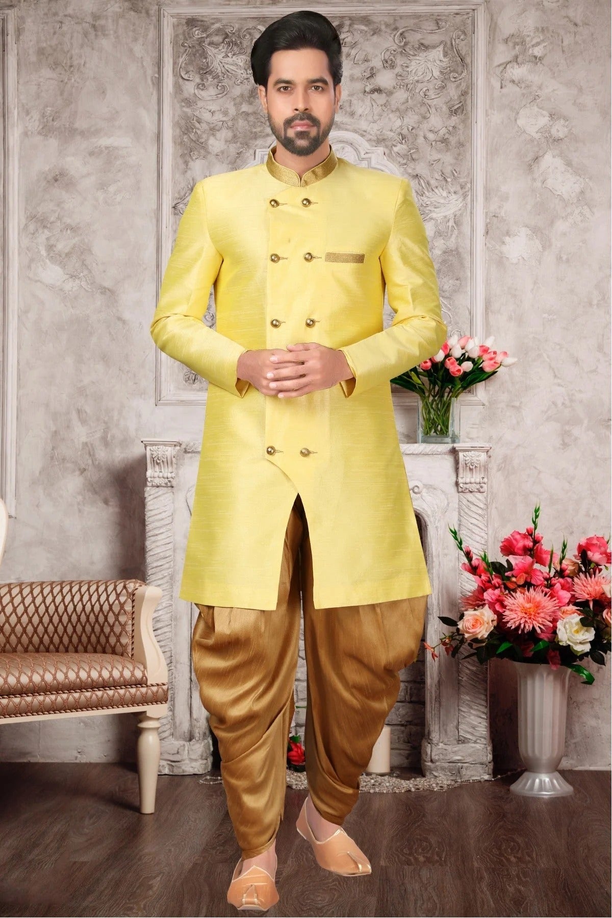 Yellow Colour Brocade Silk Dhoti Sherwani SH1040296