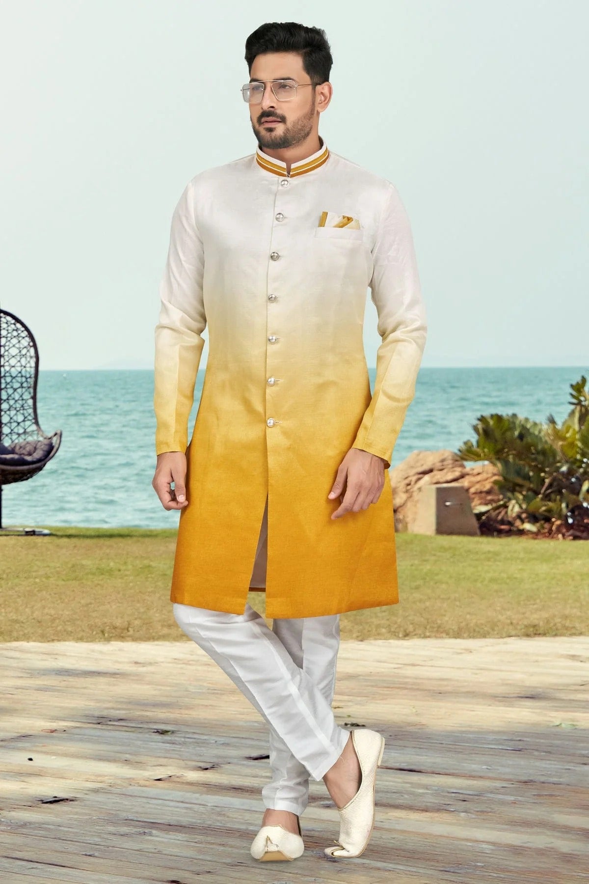 Yellow Colour Champion Silk Indo Western Sherwani SH1040512