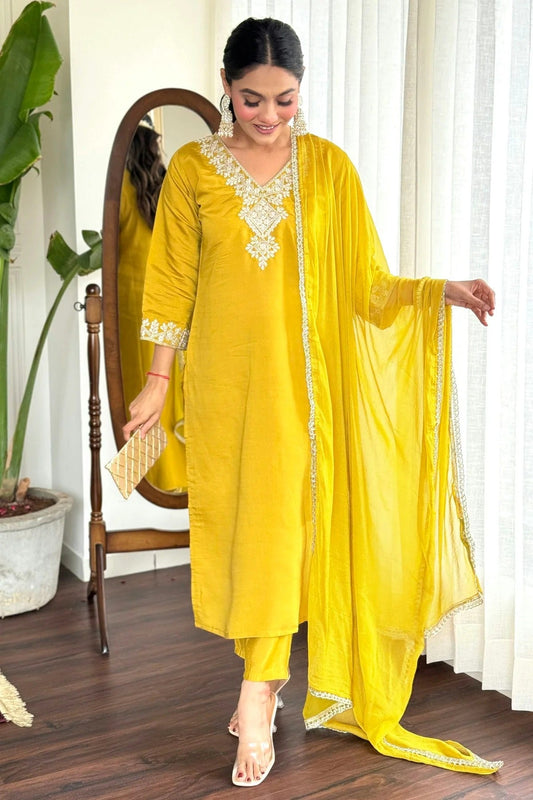 Yellow Colour Chanderi Stitched Salwar Suit SS1111959