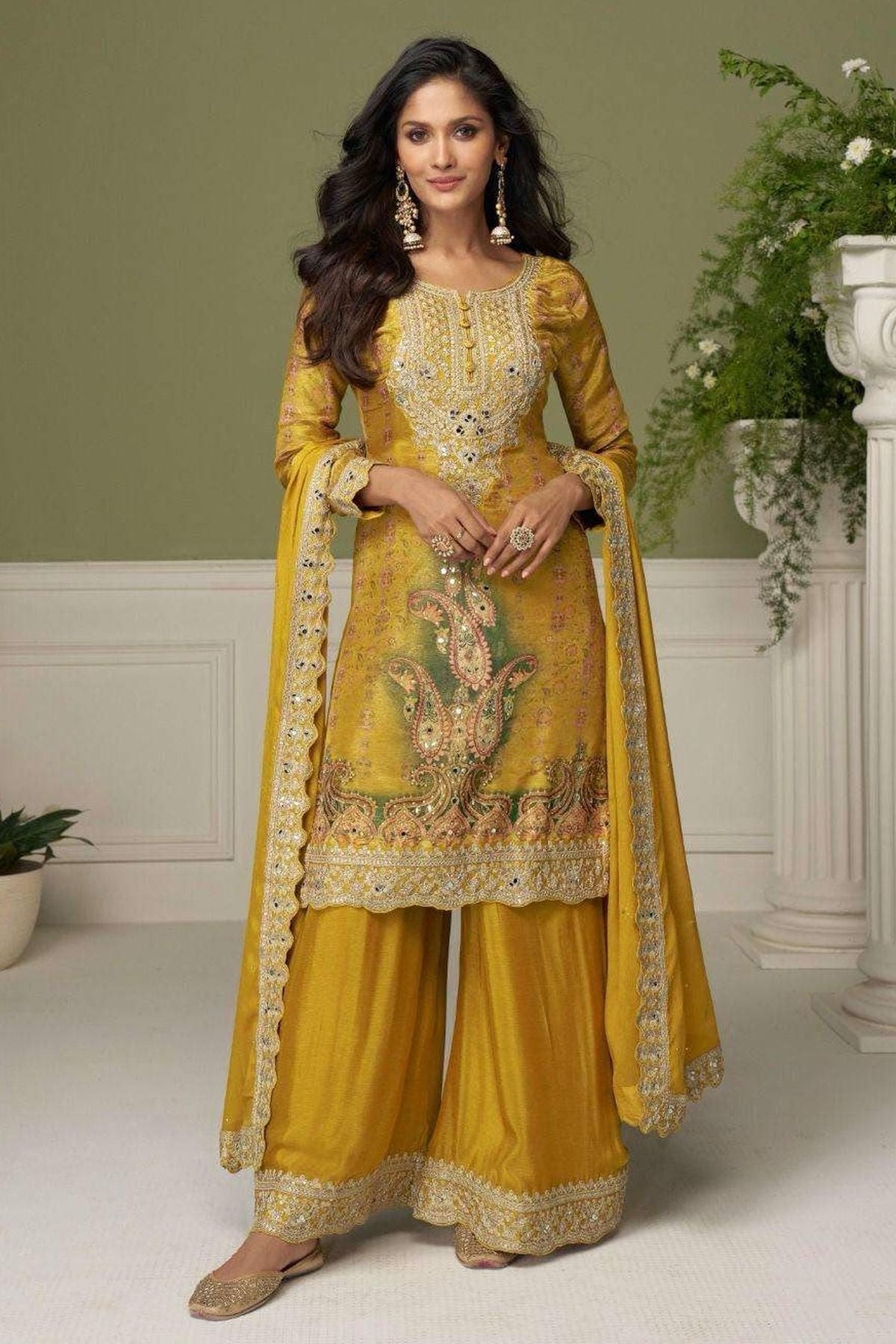 Yellow Colour Chinon Embroidery Work Palazzo Pant Suit