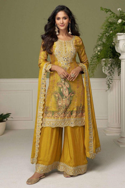Yellow Colour Chinon Embroidery Work Palazzo Pant Suit