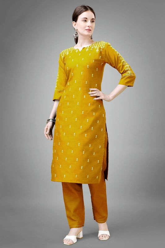 Yellow Colour Cotton Blend Kurta And Pant Set KR1111333