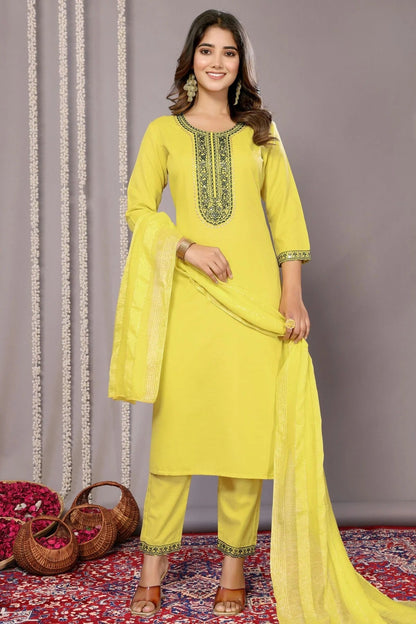 Yellow Colour Cotton Blend Stitched Suit SS1112294