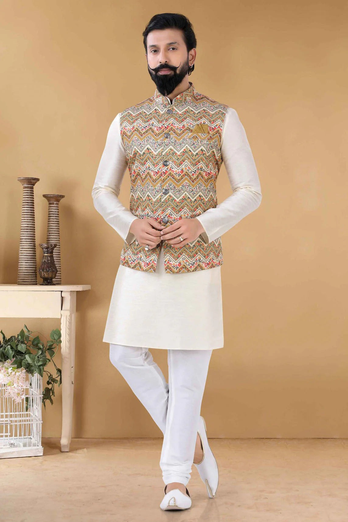 Yellow Colour Cotton Kurta Pajama With Jacket KP1130091