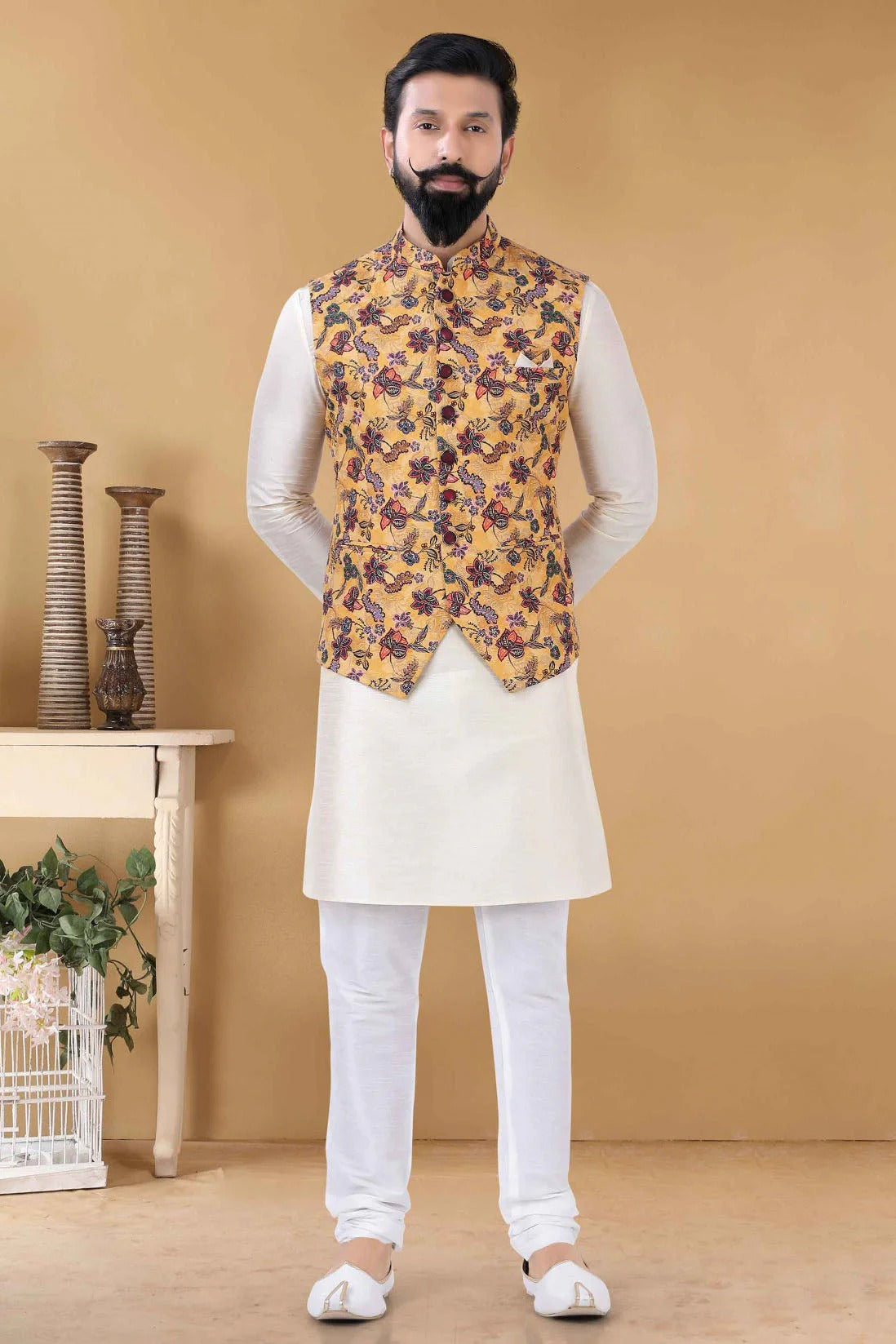 Yellow Colour Cotton Kurta Pajama With Jacket KP1130093