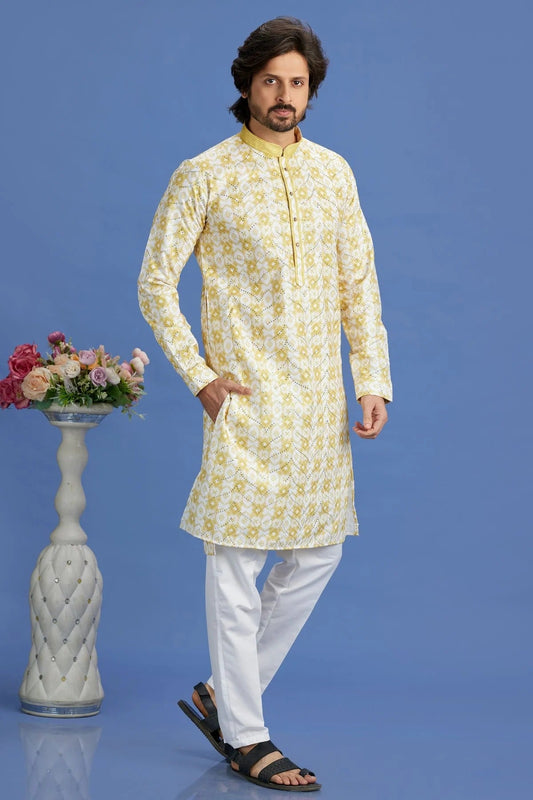 Yellow Colour Cotton Pintex Work Kurta Pajama KP1230148