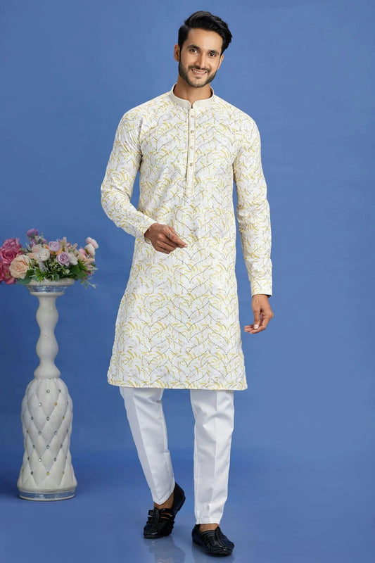 Yellow Colour Cotton Pintex Work Kurta Pajama KP1230155
