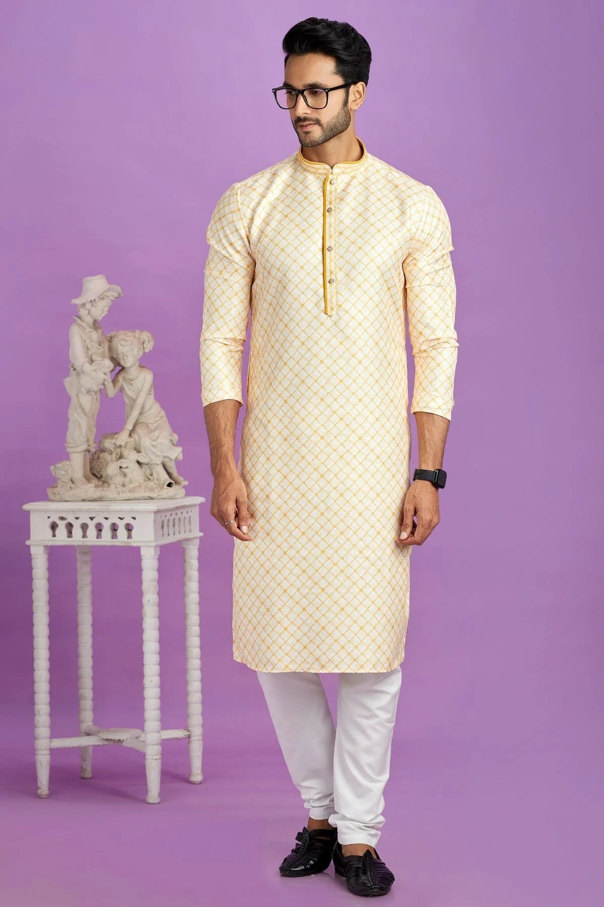 Yellow Colour Cotton Pintex Work Kurta Pajama KP1230184 A