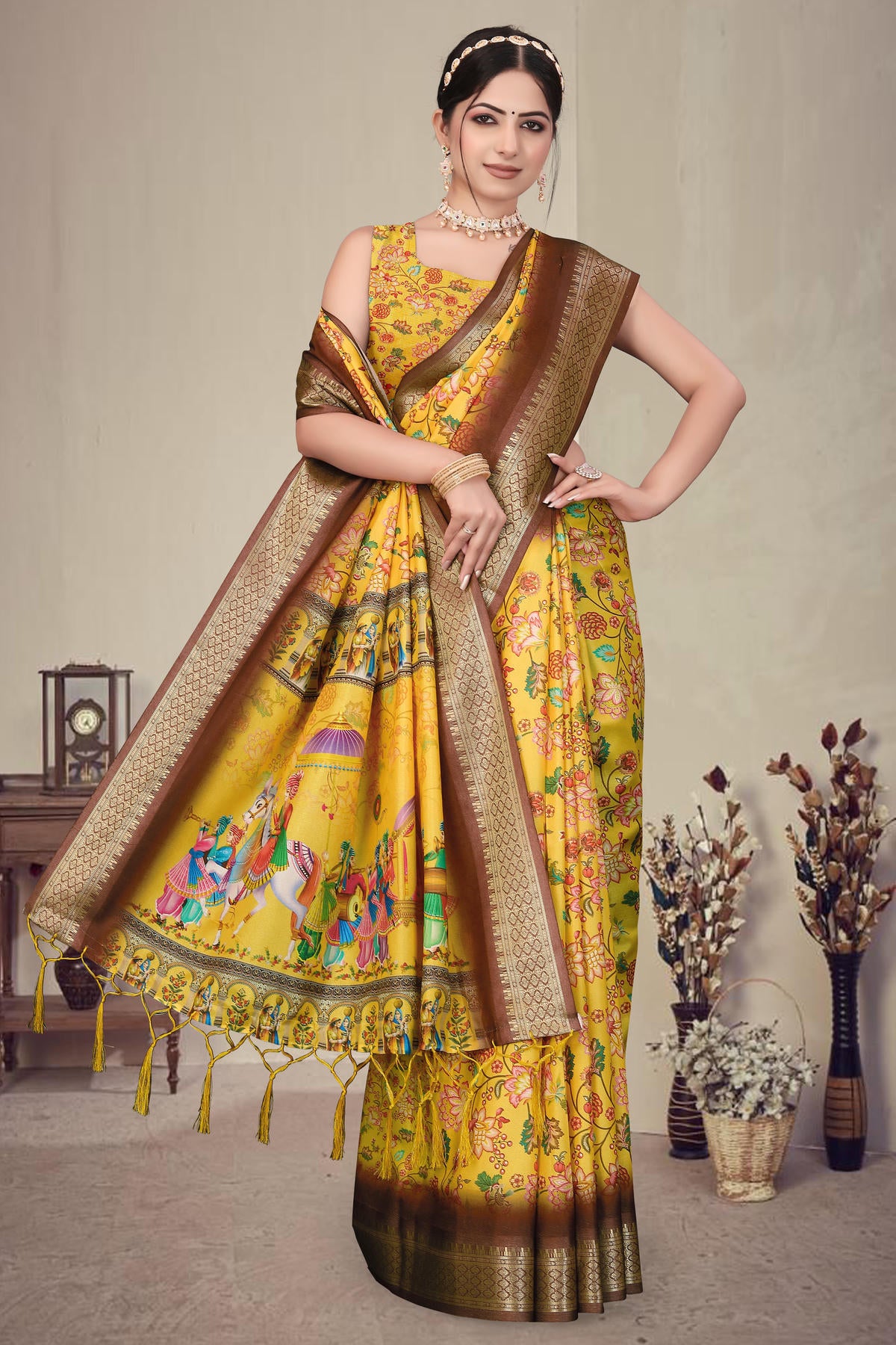 Yellow Colour Cotton Silk Printed Saree