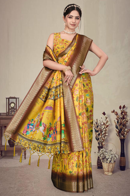 Yellow Colour Cotton Silk Printed Saree