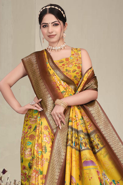 Yellow Colour Cotton Silk Printed Saree