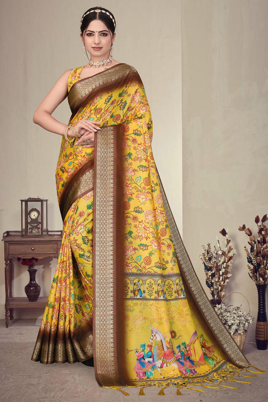 Yellow Colour Cotton Silk Printed Saree