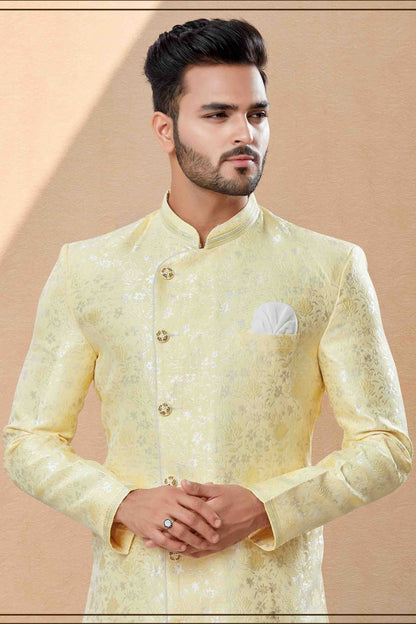 Yellow Colour Dhoti Sherwani In Banarasi Jacquard Fabric SH1040390 A