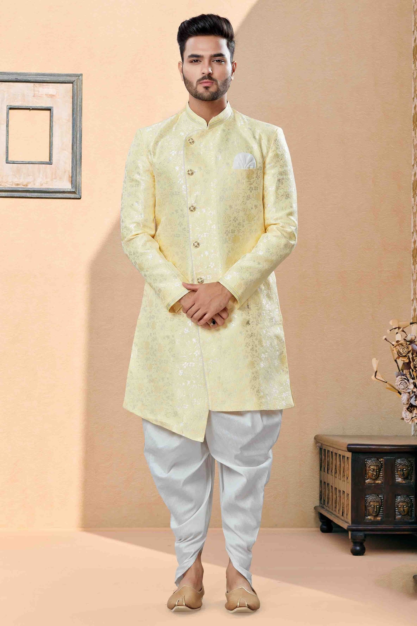 Yellow Colour Dhoti Sherwani In Banarasi Jacquard Fabric SH1040390