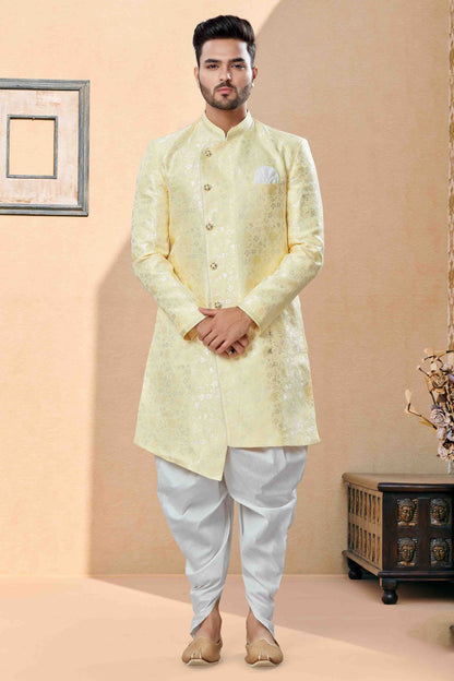 Yellow Colour Dhoti Sherwani In Banarasi Jacquard Fabric SH1040390