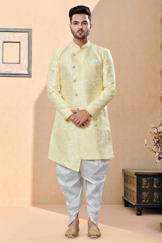 Yellow Colour Dhoti Sherwani In Banarasi Jacquard Fabric SH1040390
