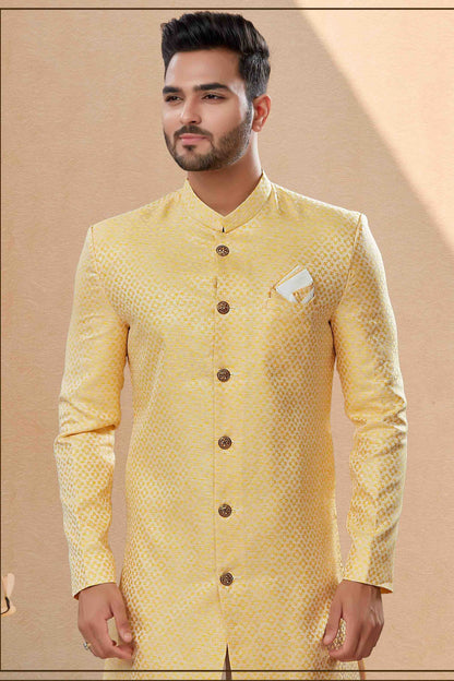 Yellow Colour Dhoti Sherwani In Banarasi Jacquard Fabric SH1040429 A