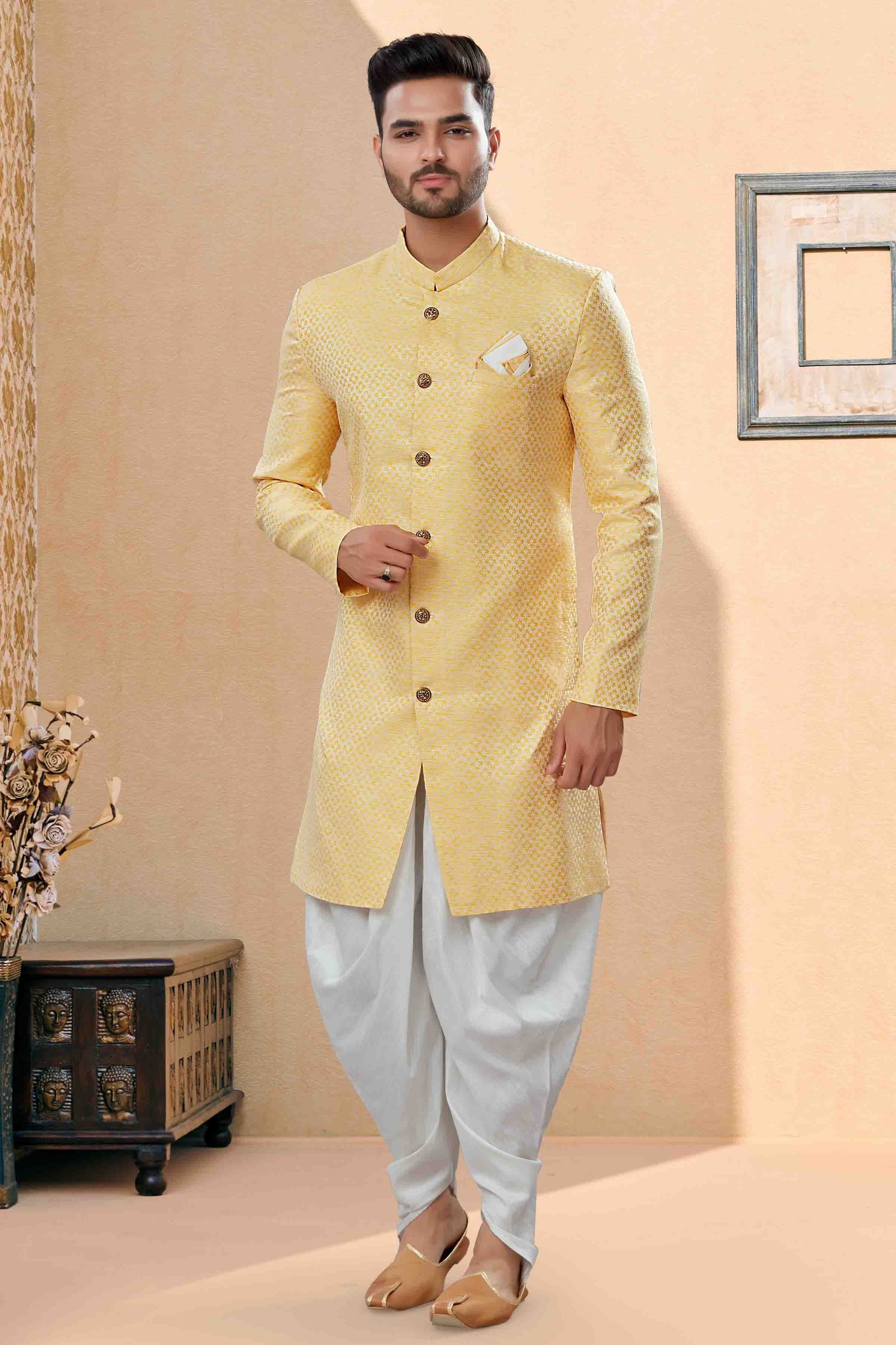 Yellow Colour Dhoti Sherwani In Banarasi Jacquard Fabric SH1040429