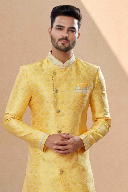 Yellow Colour Dhoti Sherwani In Banarasi Jacquard Fabric SH1040433 A