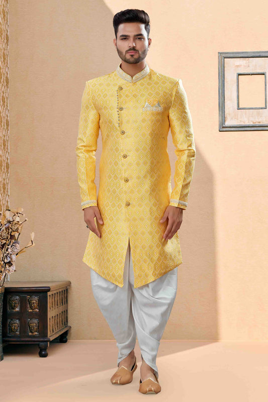 Yellow Colour Dhoti Sherwani In Banarasi Jacquard Fabric SH1040433