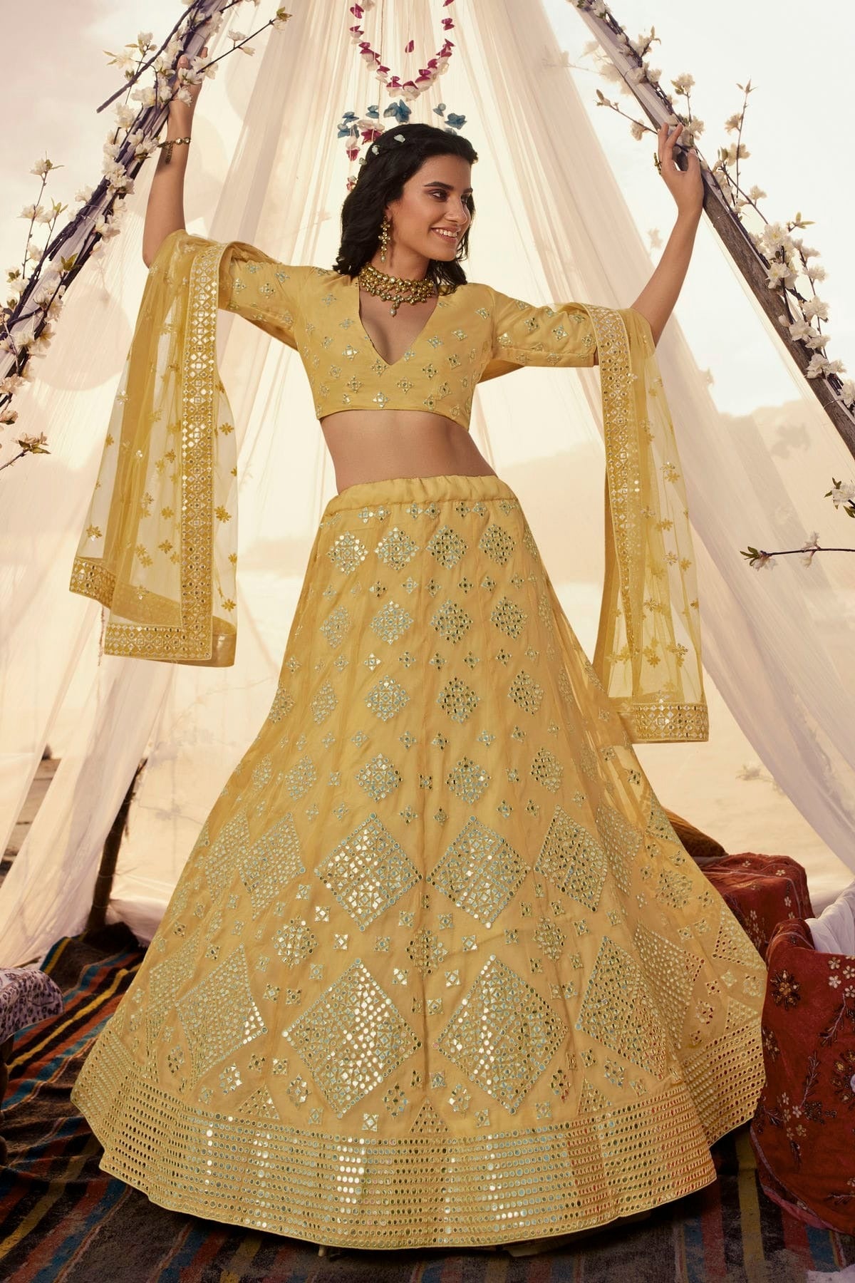 Yellow Colour Embroidery Organza Lehenga Choli LD1080688