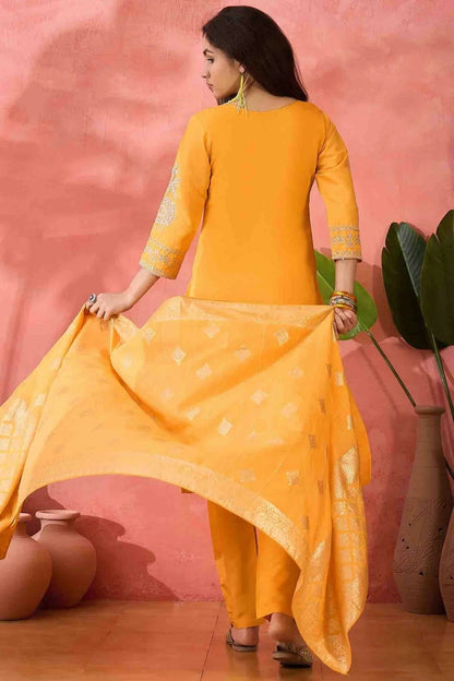 Yellow Colour Embroidery Roman Silk Pant Style Suit SS1113515 A