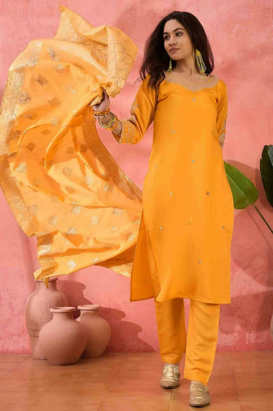 Yellow Colour Embroidery Roman Silk Pant Style Suit SS1113515