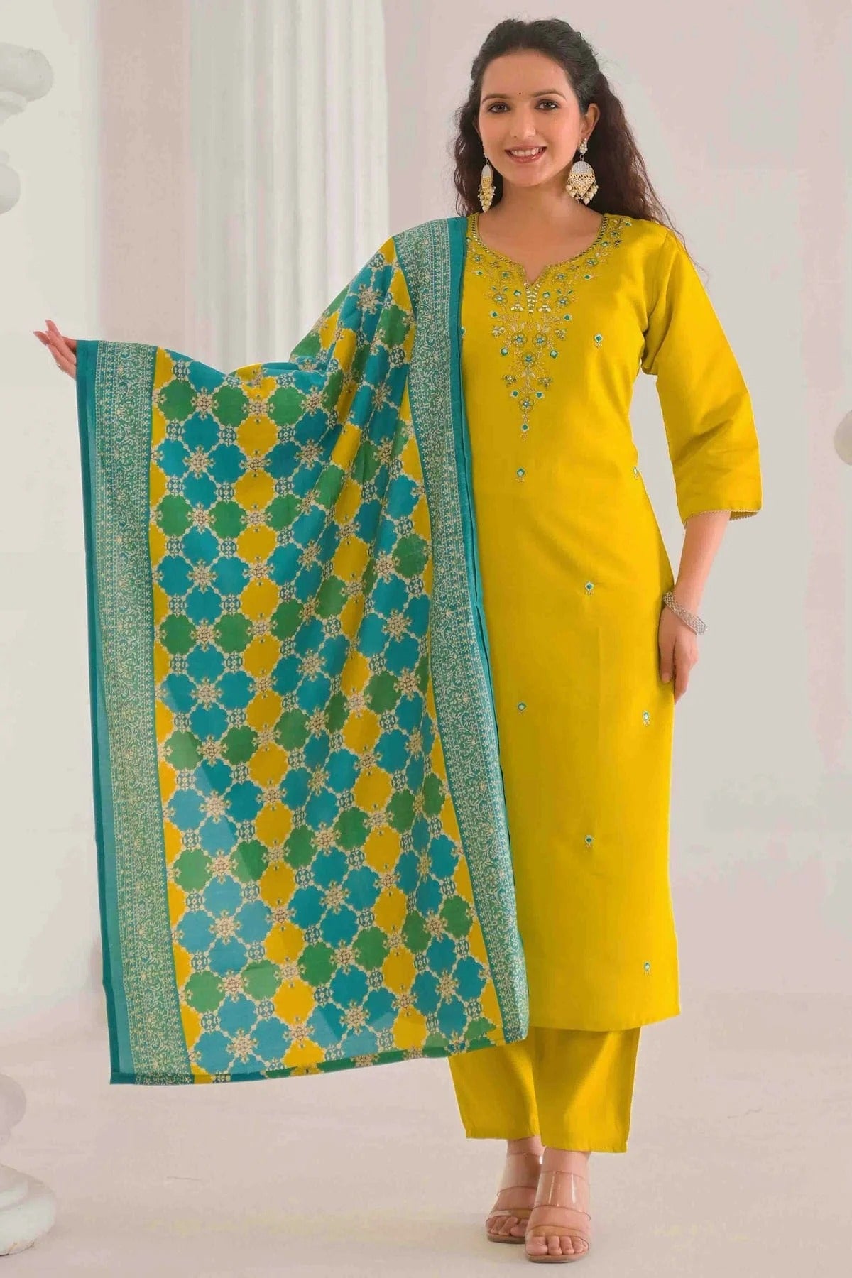 Yellow Colour Embroidery Viscose Chanderi Pant Style Suit SS1113500