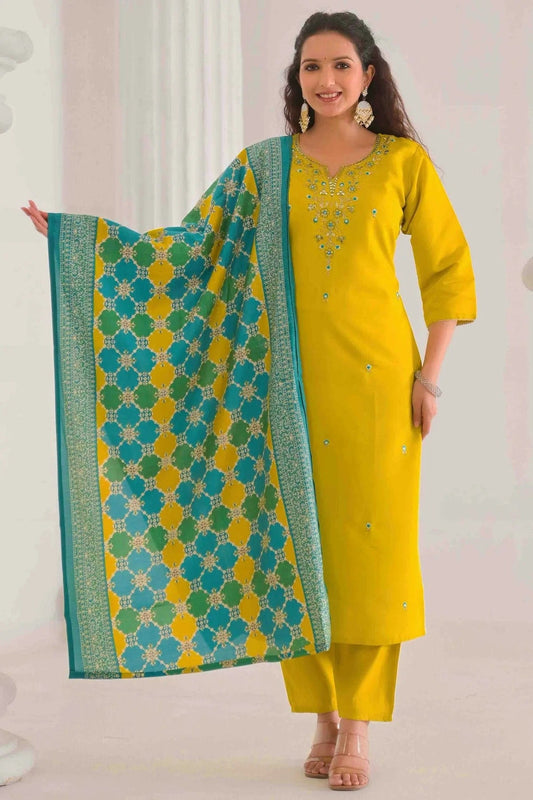 Yellow Colour Embroidery Viscose Chanderi Pant Style Suit SS1113500