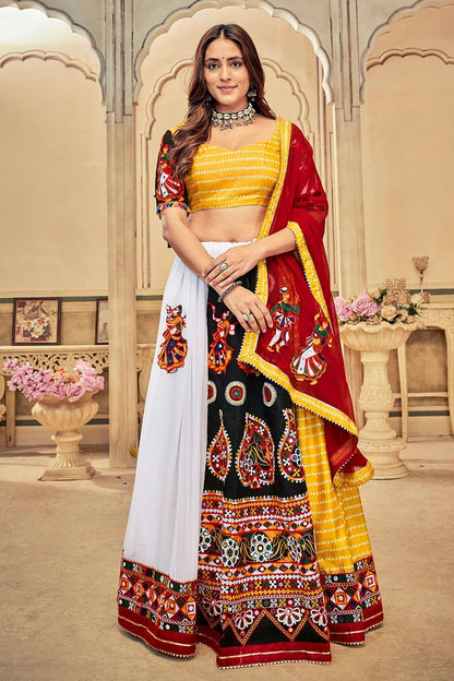 Yellow Colour Embroidery Work Georgette Navratri Lehenga LD1170023