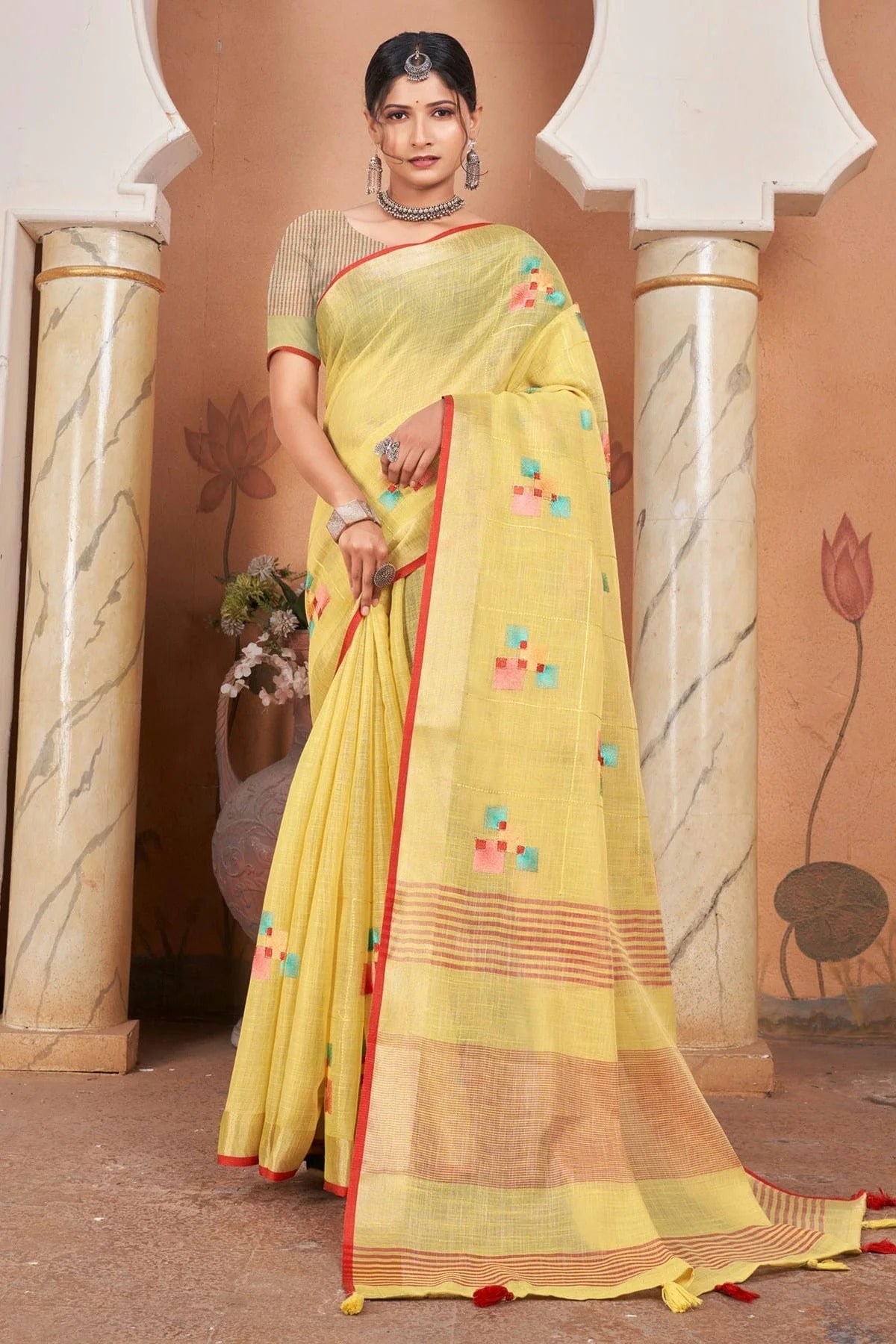 Yellow Colour Embroidery Work Linen Saree SD1101434