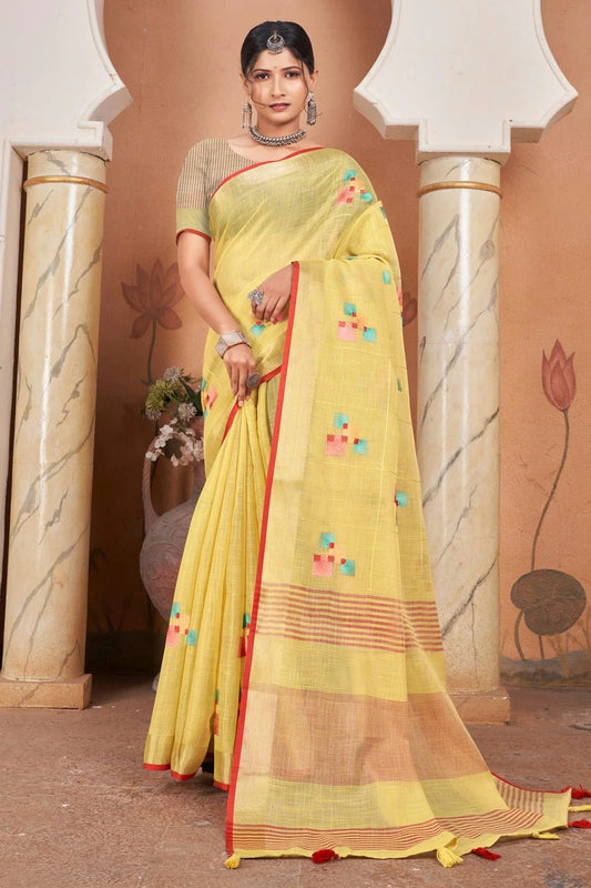 Yellow Colour Embroidery Work Linen Saree SD1101434