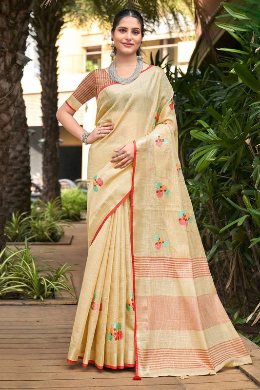 Yellow Colour Embroidery Work Linen Saree SD1101528