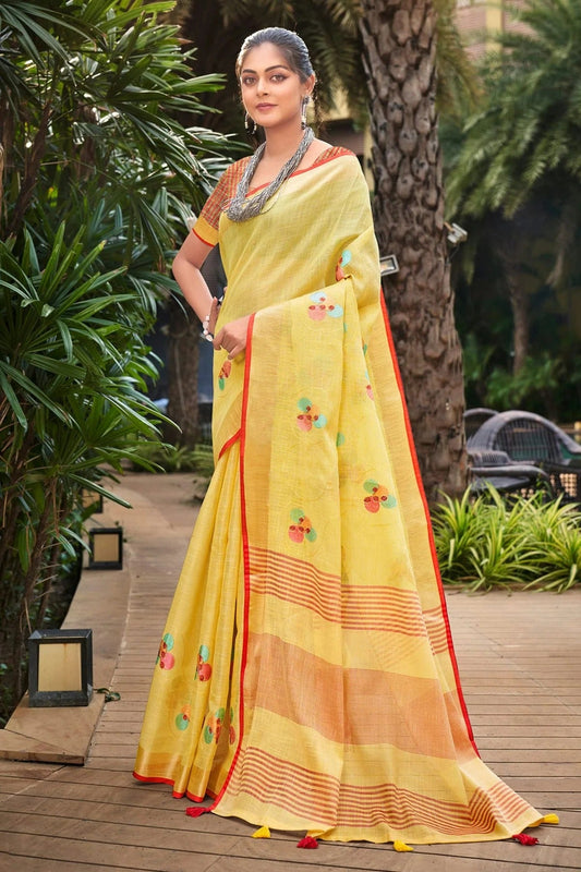 Yellow Colour Embroidery Work Linen Saree SD1101534