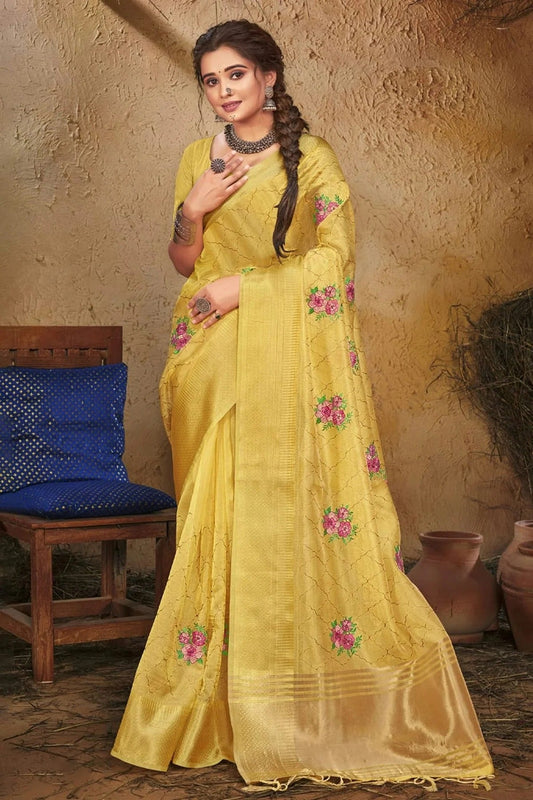 Yellow Colour Embroidery Work Organza Saree SD1101378