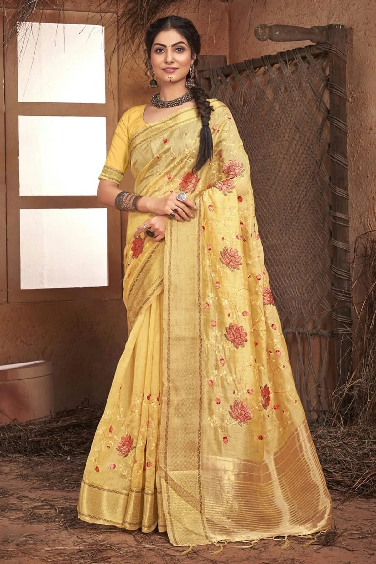 Yellow Colour Embroidery Work Organza Saree SD1101384