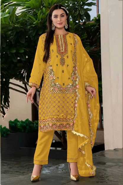 Yellow Colour Faux Georgette Pant Style Suit SM1140074