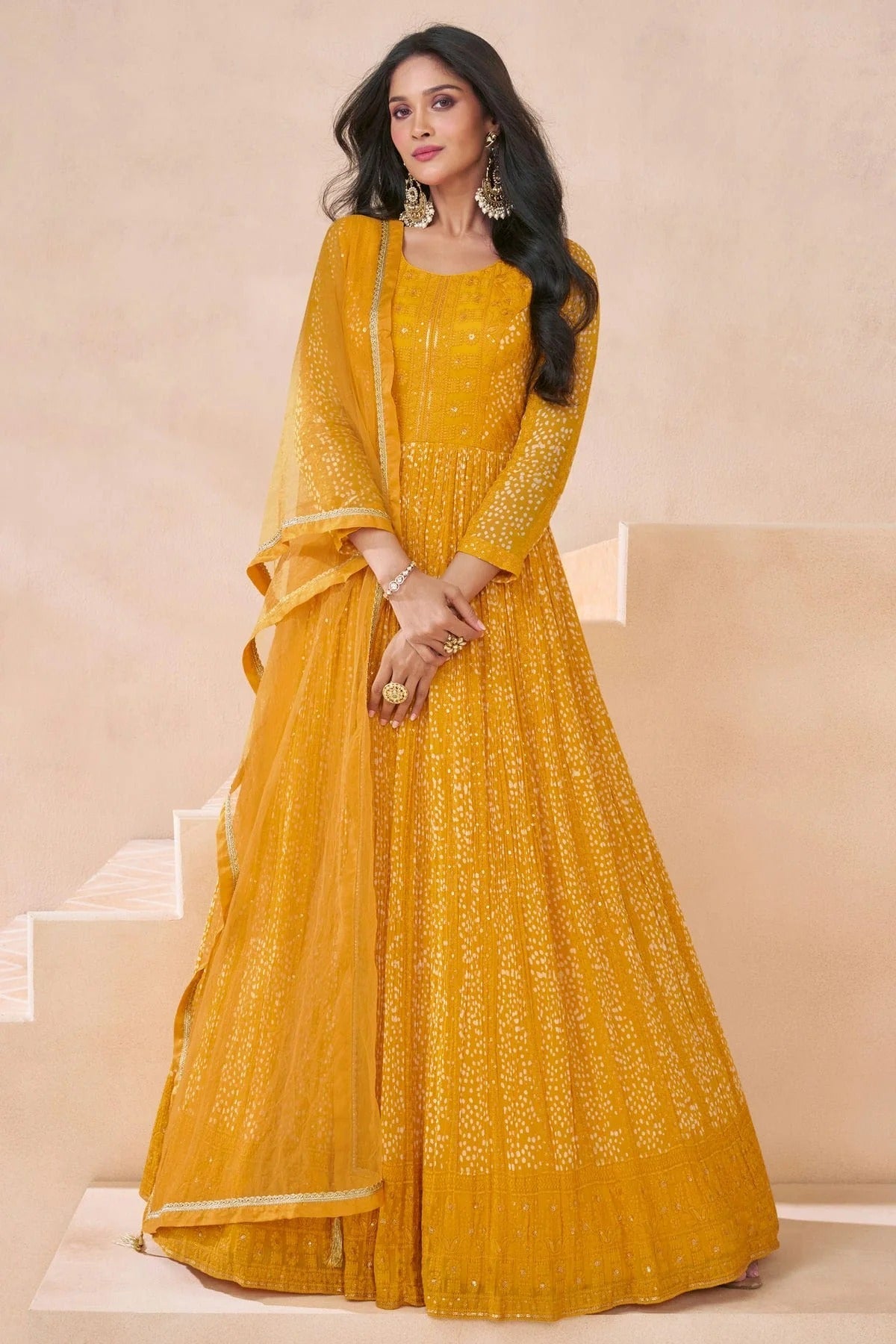 Yellow Colour Faux Georgette Semi Stitched Anarkali Suit SM1140470