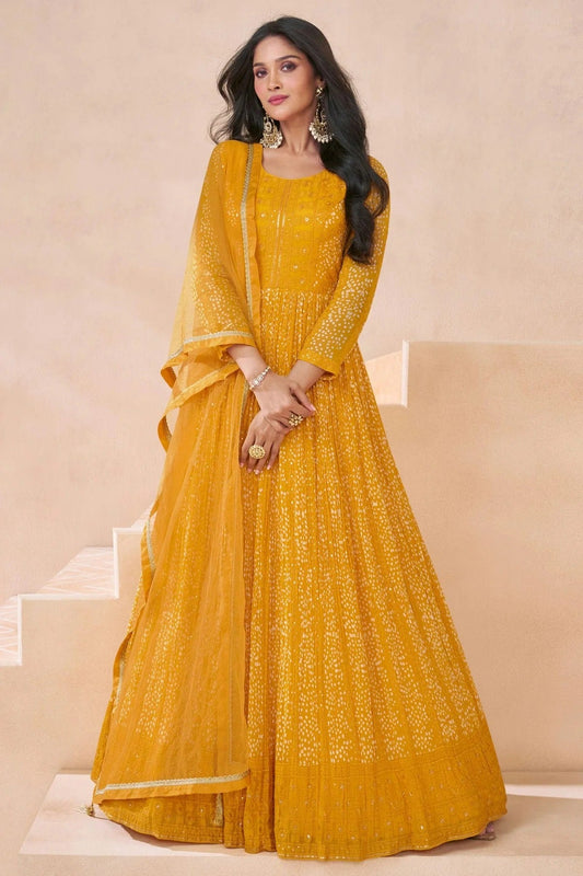 Yellow Colour Faux Georgette Semi Stitched Anarkali Suit SM1140470