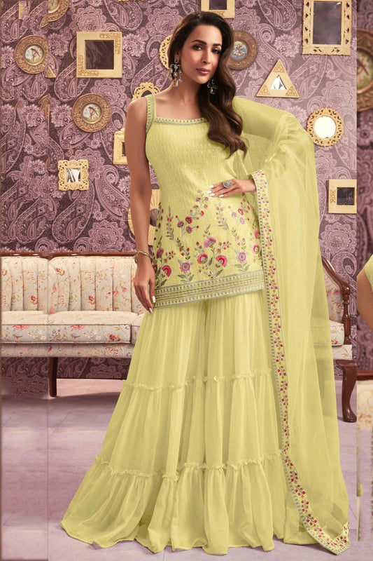 Yellow Colour Faux Georgette Semi Stitched Sharara Suit SM1140491